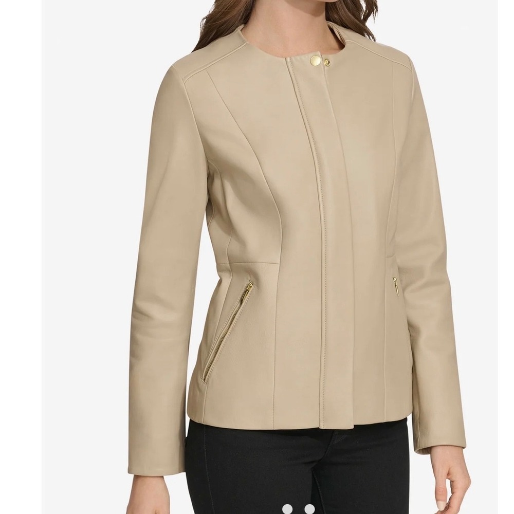 Cole Haan Womens Collarless Leather Jacket Cream XS NWT